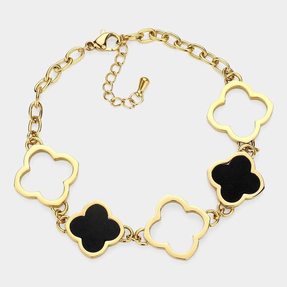 Stainless Steel Mother of Pearl Quatrefoil Link Bracelet Black & Gold - Picture 1 of 1